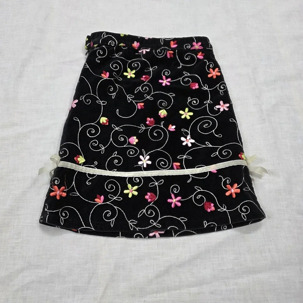 Y2k Children's Place Skirt Girls‎ 6 Vintage Black Velvet Floral Embroidered Bow